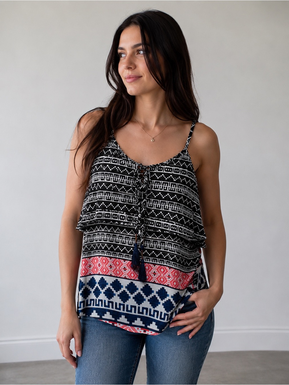 Black & White Patterned Sleeveless Tassel Top with Coral & Navy Accents Size M